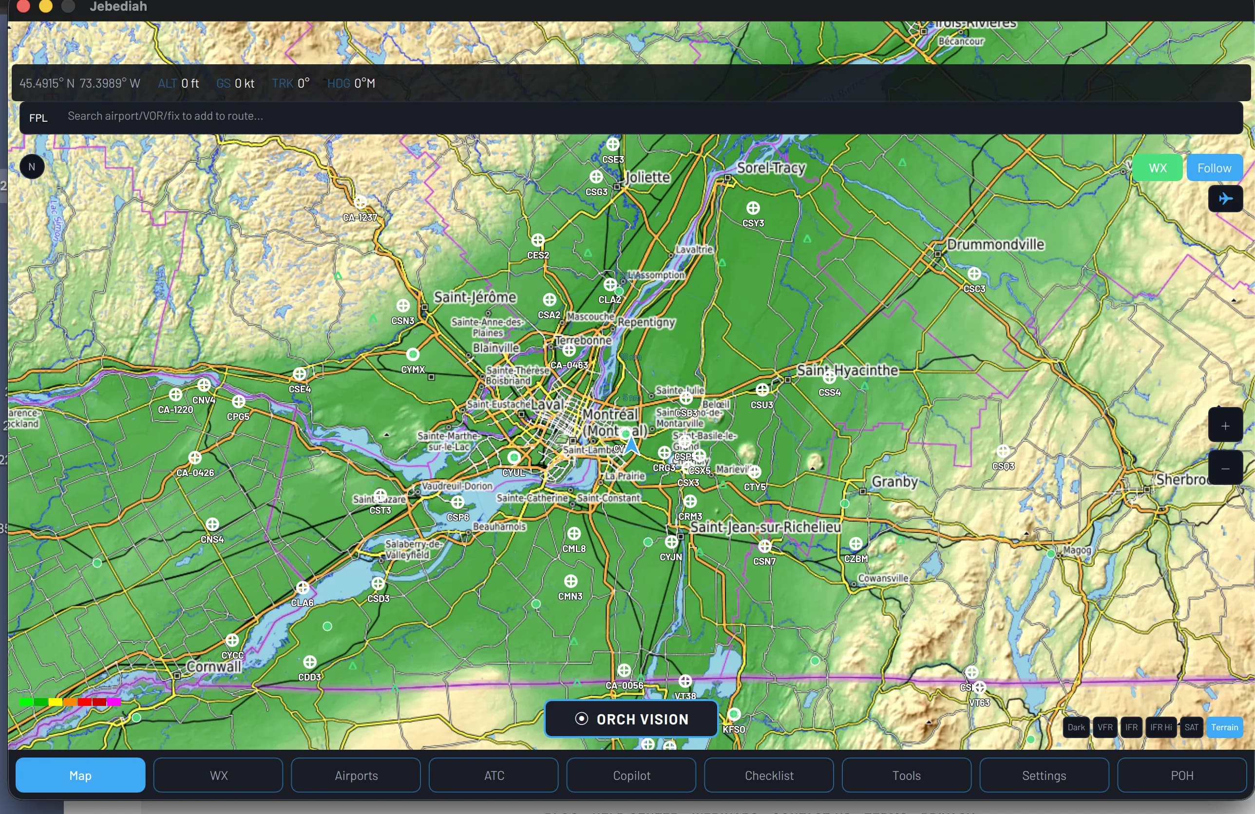 Full-screen VFR map with live WX radar overlay